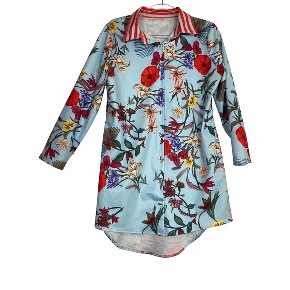 XL Floral Button-Up Long Shirt Dress Striped Collar Blue Red Luxury Casual Sexy - Picture 1 of 4